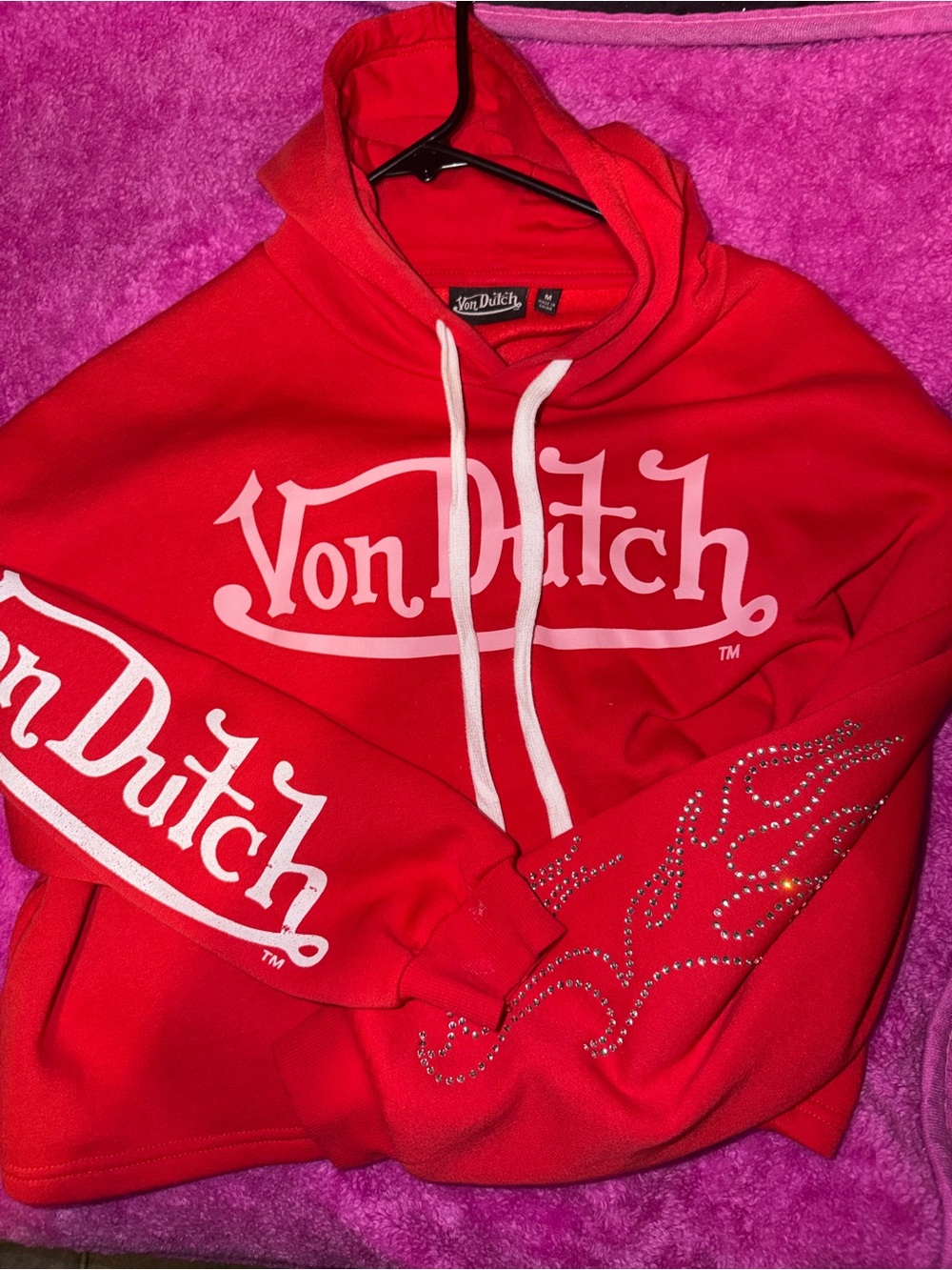 Von Dutch Red Crewneck Logo Hoodie with Rhinestone Sleeve Detail